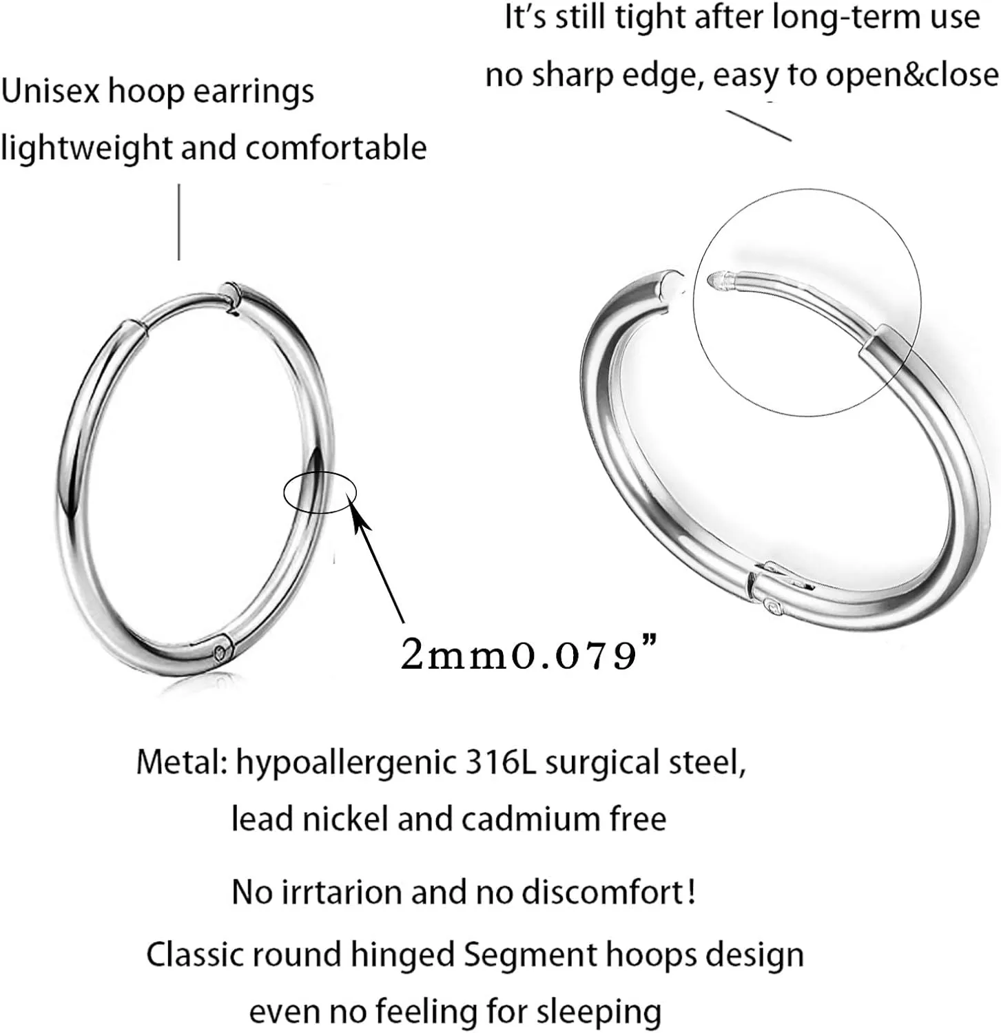 10 Pairs Silver Hoop Earrings Set for Women Surgical Steel Hoop Earrings Lightweight Hypoallergenic Tiny Small Hoops For Girls Men 8mm 10mm 12mm 14mm 16mm
