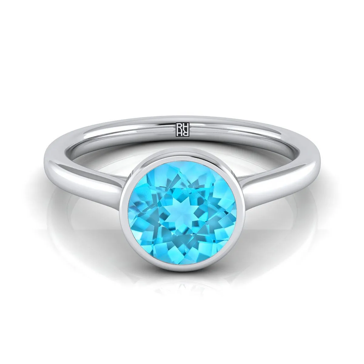 14K White Gold Round Brilliant Swiss Blue Topaz Simple Bezel Solitaire Engagement Ring