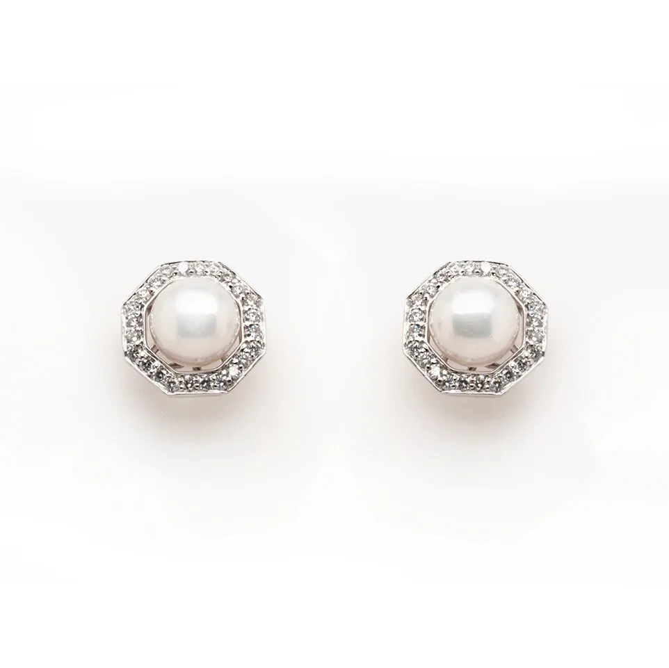 18ct White Gold Akoya Pearl Studs With Detachable Diamond Collar