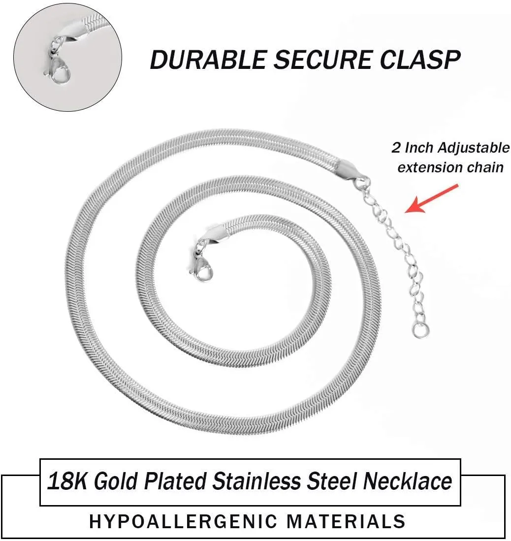 18k Real Gold Plated Flat Snake Chain Herringbone Choker Necklace for Women (5MM,14"-22")