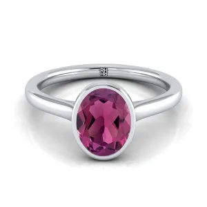 18K White Gold Oval Garnet Simple Bezel Solitaire Engagement Ring