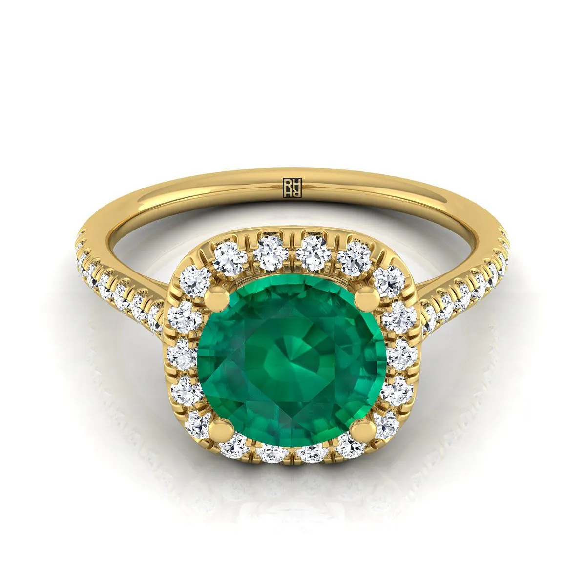 18K Yellow Gold Round Brilliant Emerald Simple Prong Set Halo Engagement Ring -1/3ctw