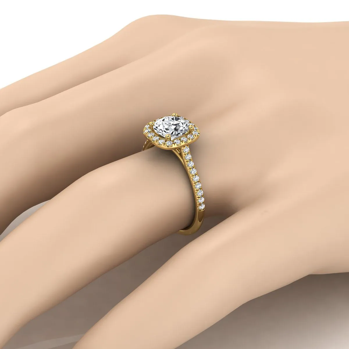 18K Yellow Gold Round Brilliant Emerald Simple Prong Set Halo Engagement Ring -1/3ctw