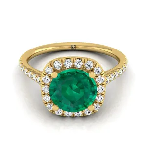 18K Yellow Gold Round Brilliant Emerald Simple Prong Set Halo Engagement Ring -1/3ctw