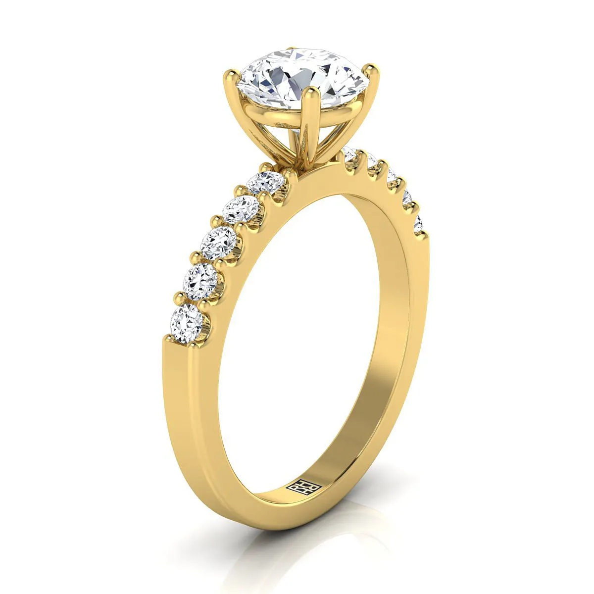 18K Yellow Gold Round Brilliant Simple Linear Diamond Pave Engagement Ring