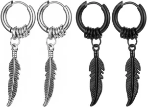 2 Pairs Feather Huggie Hoop Earrings Gothic Feather Earrings Studs Punk Rock Hip Hop Dangle Drop Earrings for Men Women - Silver and Black Style 2
