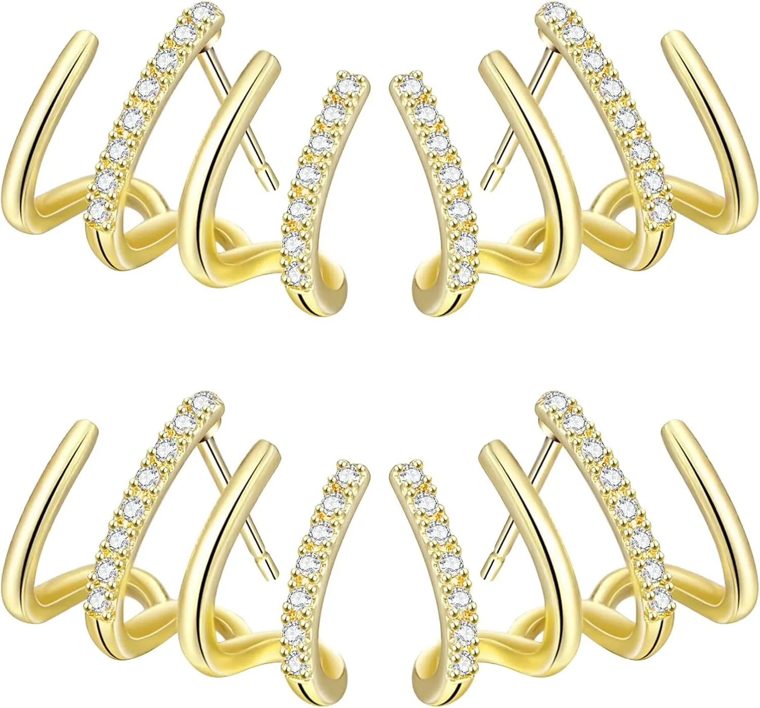 2 Pairs Quartet Earrings Cat Claw Earrings for Women Silver Needle Ear Cuffs Zircon Pierced Four Claw Earrings Ear Cuffs Wrapped Cuffs and Pierced Earrings for Girls