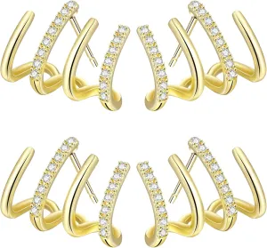 2 Pairs Quartet Earrings Cat Claw Earrings for Women Silver Needle Ear Cuffs Zircon Pierced Four Claw Earrings Ear Cuffs Wrapped Cuffs and Pierced Earrings for Girls