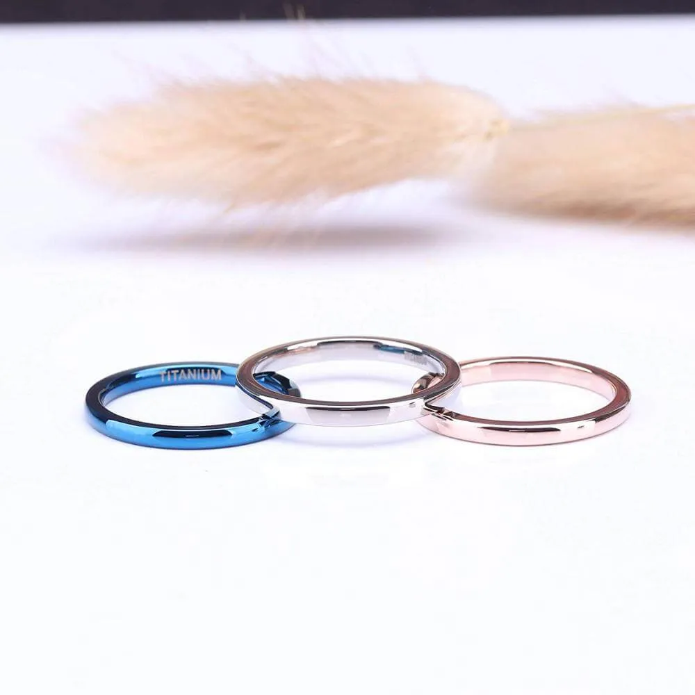 2mm Slim Blue, Rose Gold, Silver or Black Titanium Unisex Ring