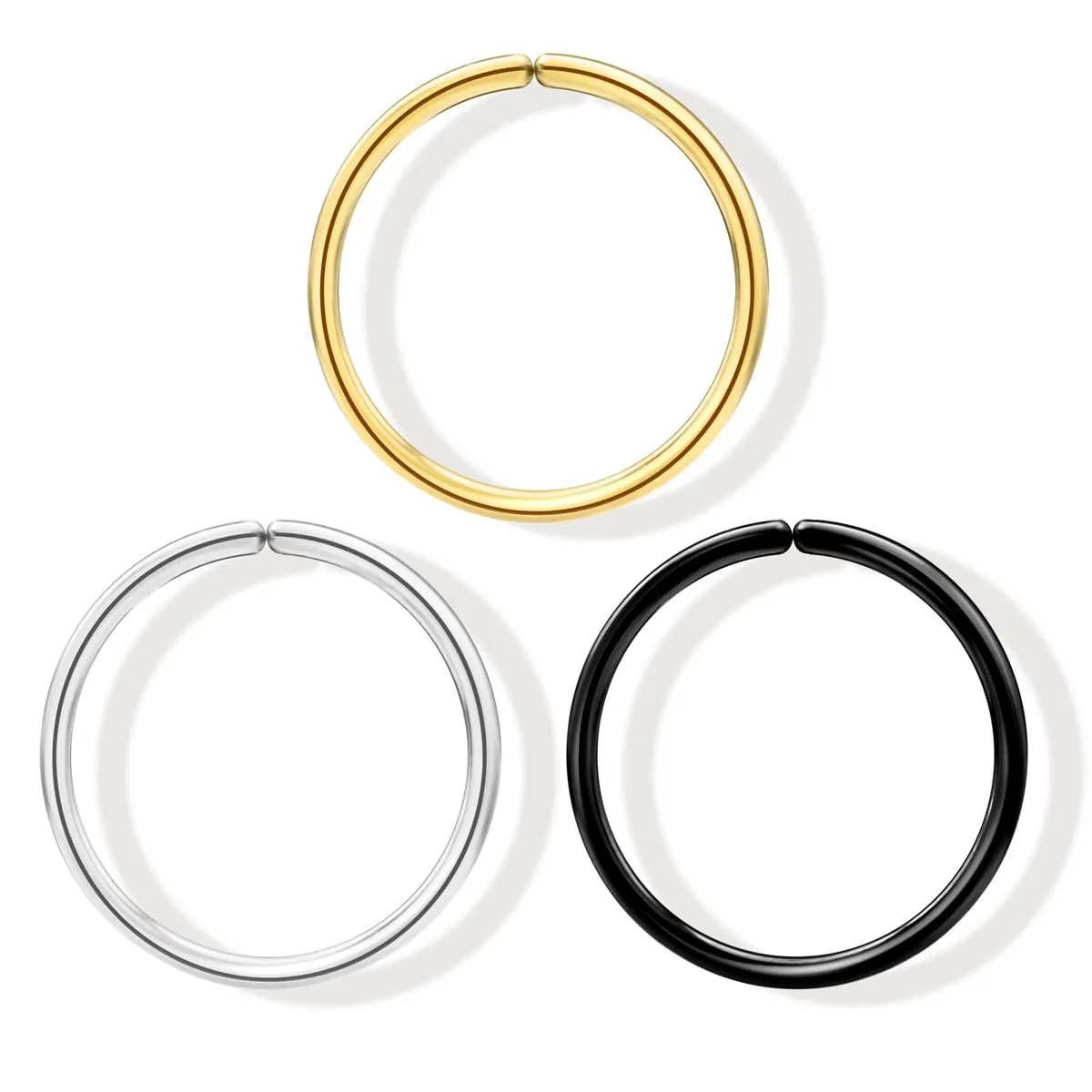 3Pcs Thin Nose Rings Hoops for Women, 14K Gold Plated Solid 925 Sterling Silver, Rose Gold, Black, 22 Gauge Nose Rings 8mm, 22G Gold Nose Ring, Small Nose Rings