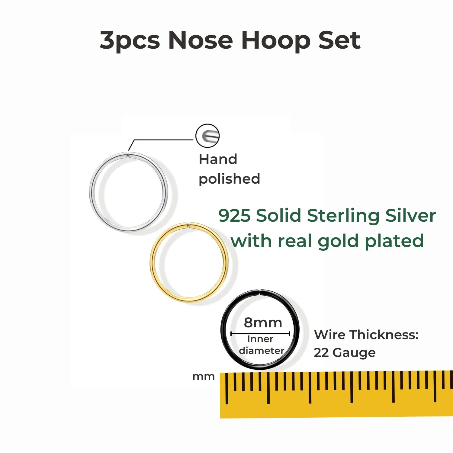 3Pcs Thin Nose Rings Hoops for Women, 14K Gold Plated Solid 925 Sterling Silver, Rose Gold, Black, 22 Gauge Nose Rings 8mm, 22G Gold Nose Ring, Small Nose Rings