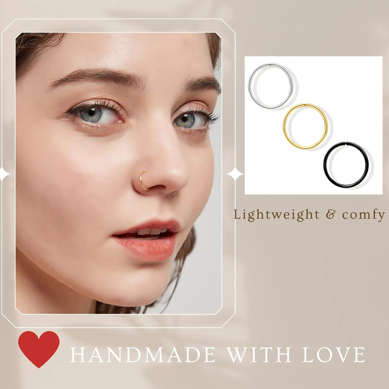 3Pcs Thin Nose Rings Hoops for Women, 14K Gold Plated Solid 925 Sterling Silver, Rose Gold, Black, 22 Gauge Nose Rings 8mm, 22G Gold Nose Ring, Small Nose Rings