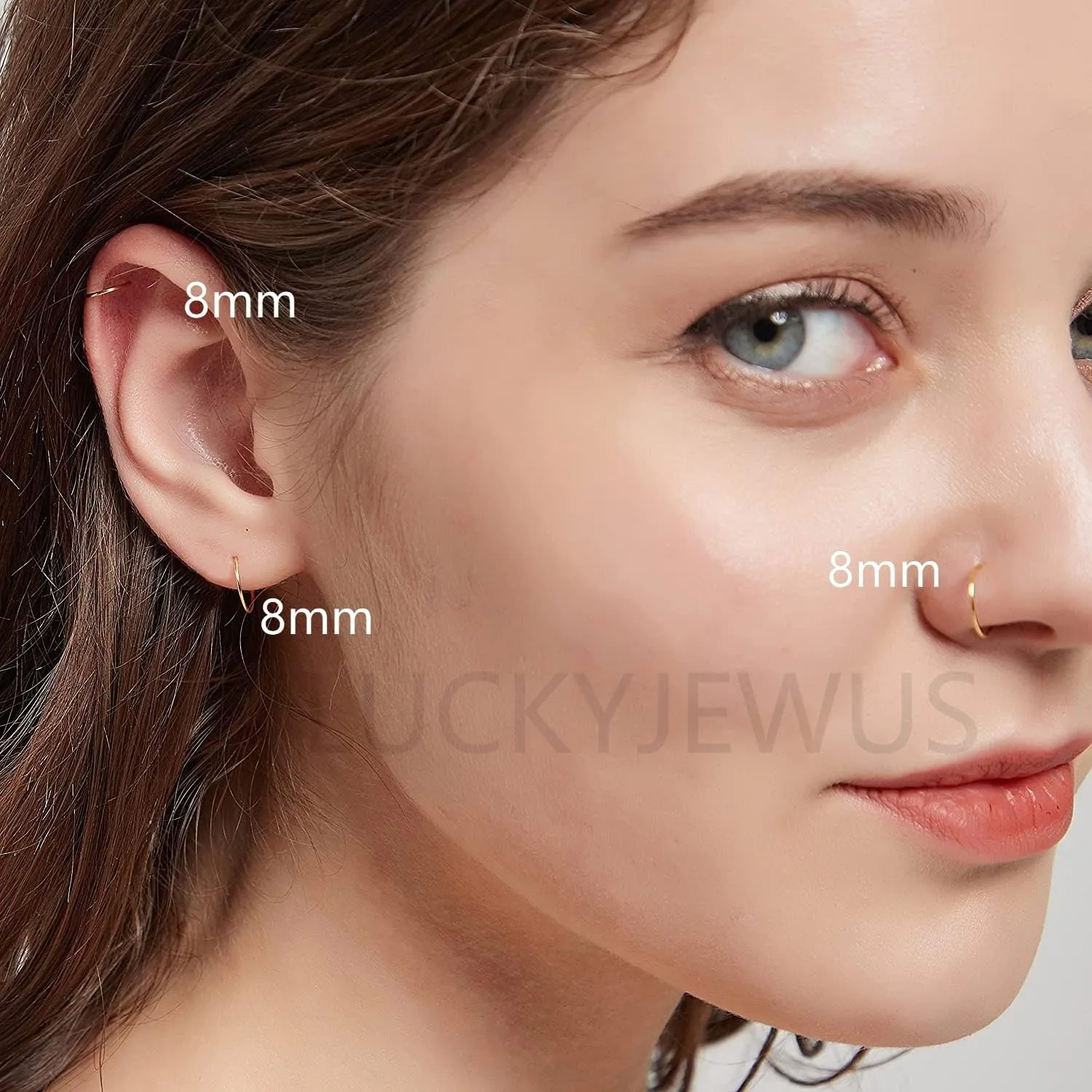 3Pcs Thin Nose Rings Hoops for Women, 14K Gold Plated Solid 925 Sterling Silver, Rose Gold, Black, 22 Gauge Nose Rings 8mm, 22G Gold Nose Ring, Small Nose Rings