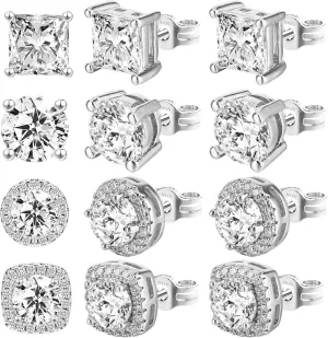 4 Pairs Earrings Studs, Ymapinc Small Cubic Zirconia Square Earrings for Woman,Anti-Sensitive Studs for Men Women in Square, Round, Teardrop Shapes