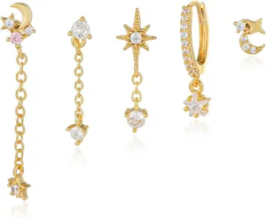 5 Pairs Gold Plated Hoop Earrings Set - Dainty Stars Stud Earrings Hypoallergenic Zircon Danglers for Multiple Piercing Trendy Ear Ornaments Jewelry for Women