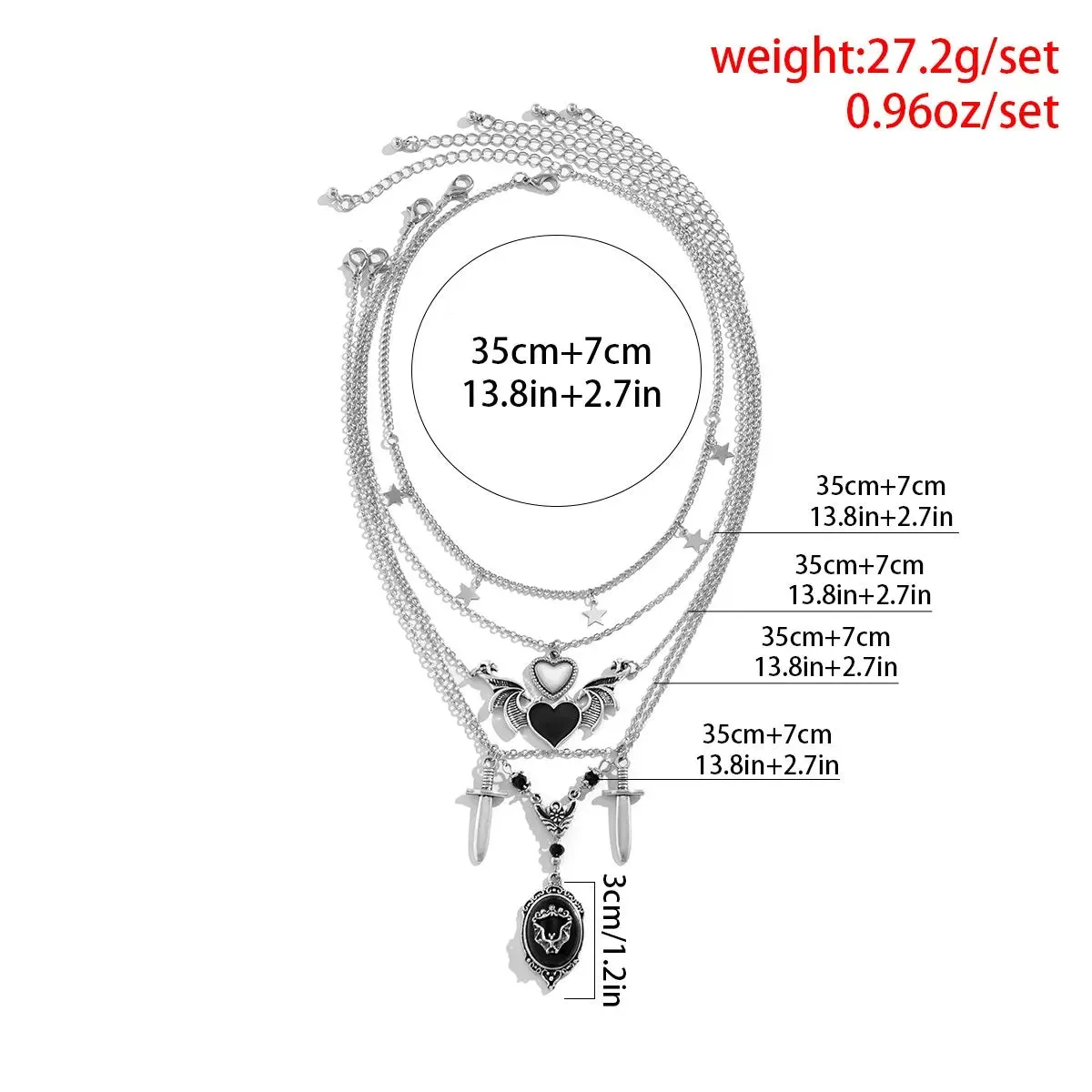 5Pcs/Set Goth Demon Wings Sword Black Heart Pendant Necklace for Women – Unique Silver Color Star Link Aesthetic Halloween Jewelry