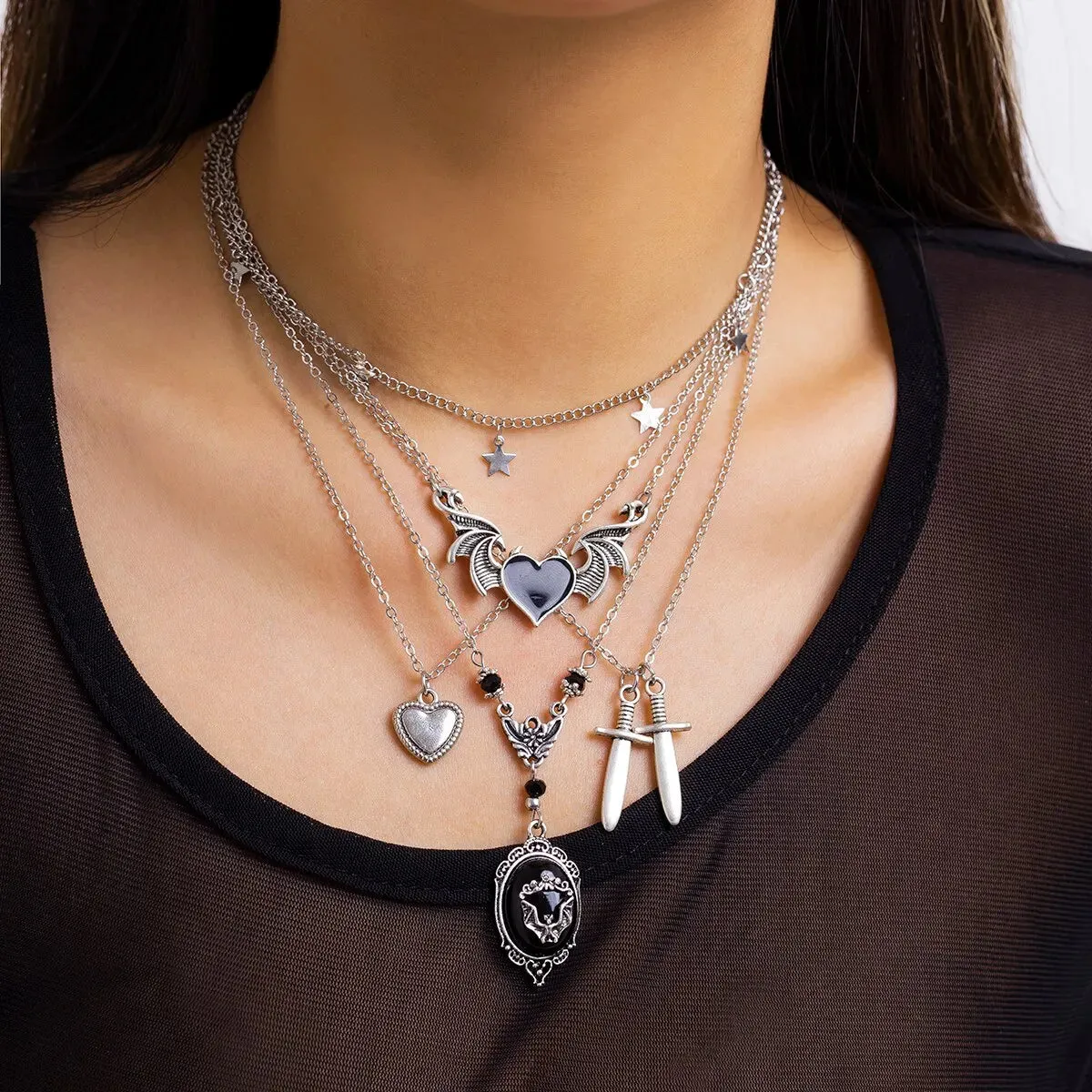 5Pcs/Set Goth Demon Wings Sword Black Heart Pendant Necklace for Women – Unique Silver Color Star Link Aesthetic Halloween Jewelry