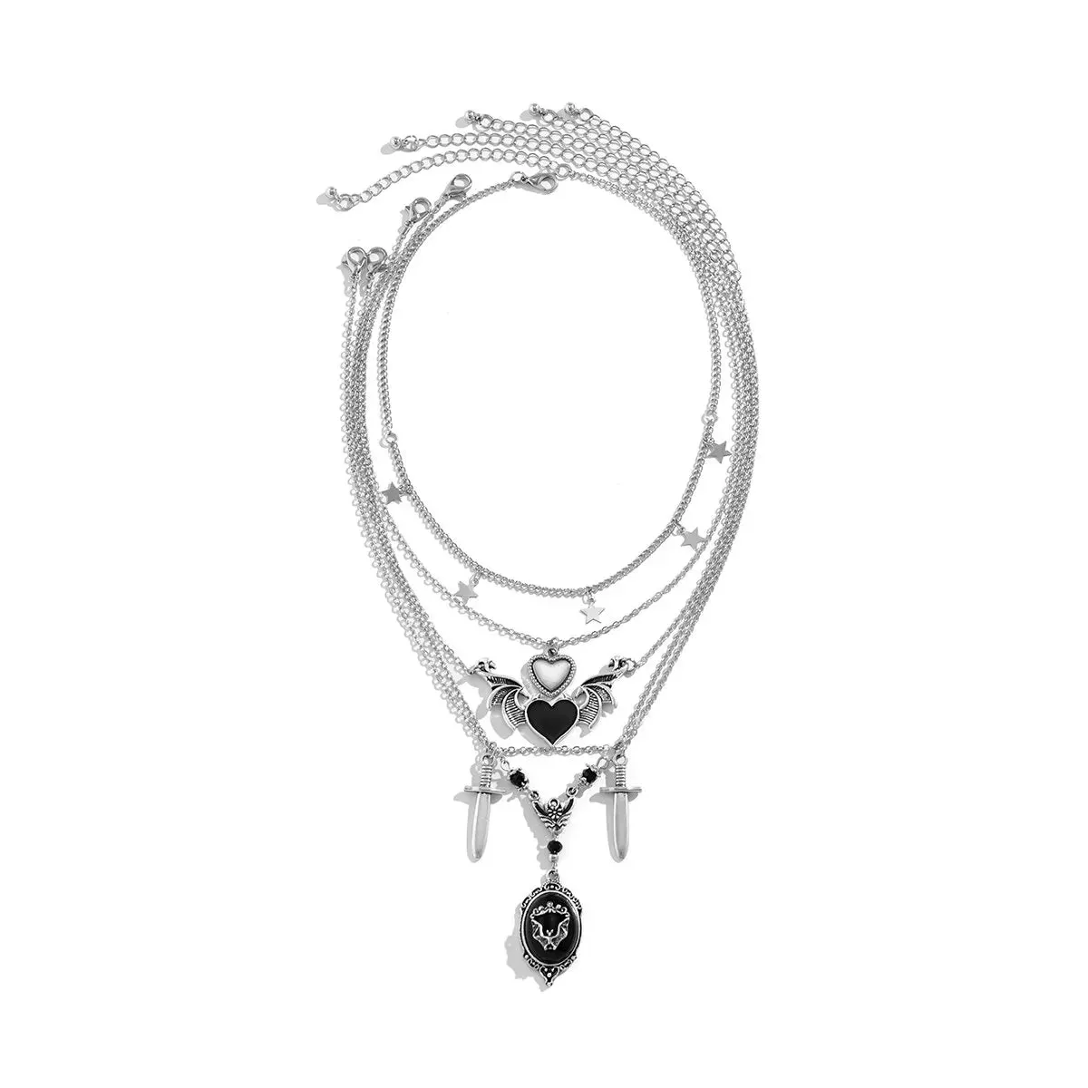 5Pcs/Set Goth Demon Wings Sword Black Heart Pendant Necklace for Women – Unique Silver Color Star Link Aesthetic Halloween Jewelry