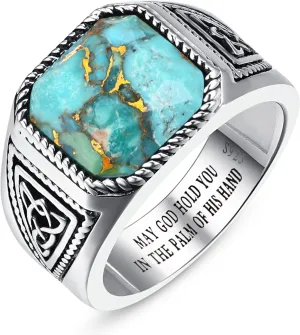 7ct Vintage Teal Turquoise|Emerald|Black Onyx Ring for Men 925 Sterling Silver Men Rings 11mm Square-Cut Mens Cocktail Rings Celtic Pattern Band for Dad Father Size 7-12