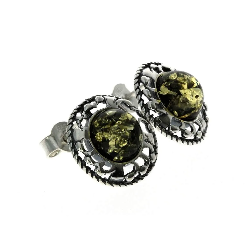 925 Sterling Silver & Genuine Baltic Amber Classic Round Studs Earrings - 8438