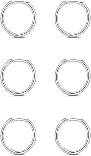 925 Sterling Silver Hoop Earrings for Women - 3 Pairs Hypoallergenic Lightweight Hoops Fashion Earrings Cartilage Earring Small Hoop Earrings for Women Men (6/8/10/12mm)