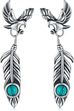 925 Sterling Silver Turquoise Feather Earrings Dangling America Western Eagle Feather Earrings Men Feather Jewelry Turquoise Western Style Gifts Hypoallergenic