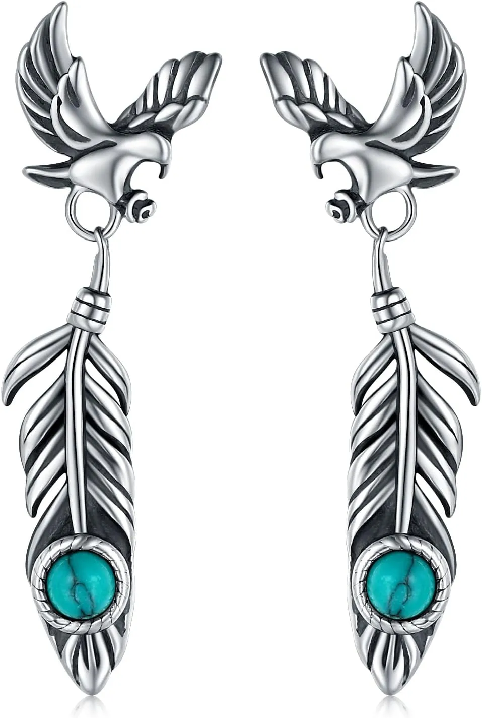 925 Sterling Silver Turquoise Feather Earrings Dangling America Western Eagle Feather Earrings Men Feather Jewelry Turquoise Western Style Gifts Hypoallergenic