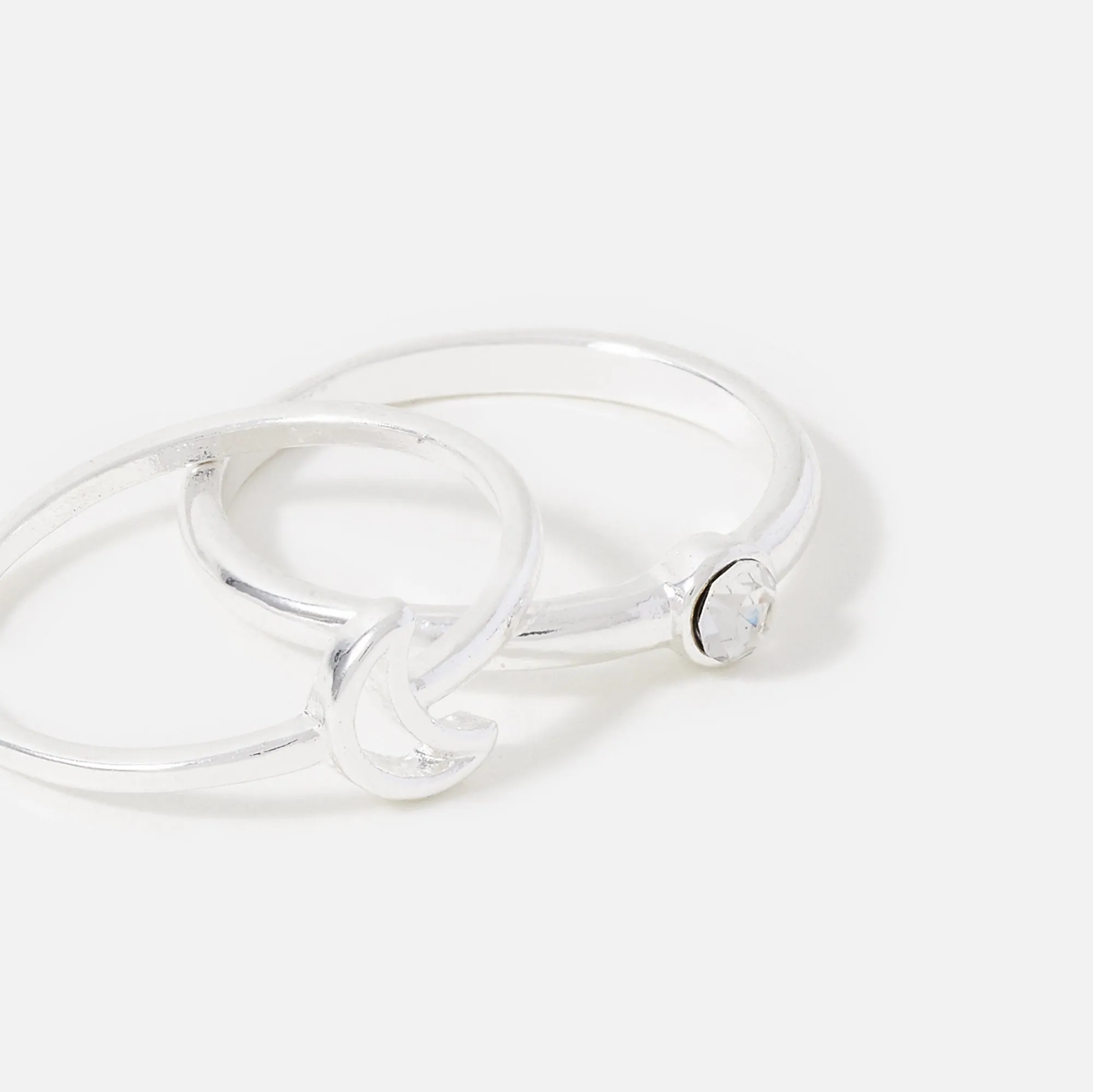 Accessorize London Women's Silver Pack of 2 Moon Crystal Stacking Rings-Medium