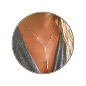 Annika Bella Turquoise Lariat Necklace, 925 Sterling Silver Long Chain Necklace, Oval Links Chain, Turquoise Jewelry for Women, Gift for Her (Silver)