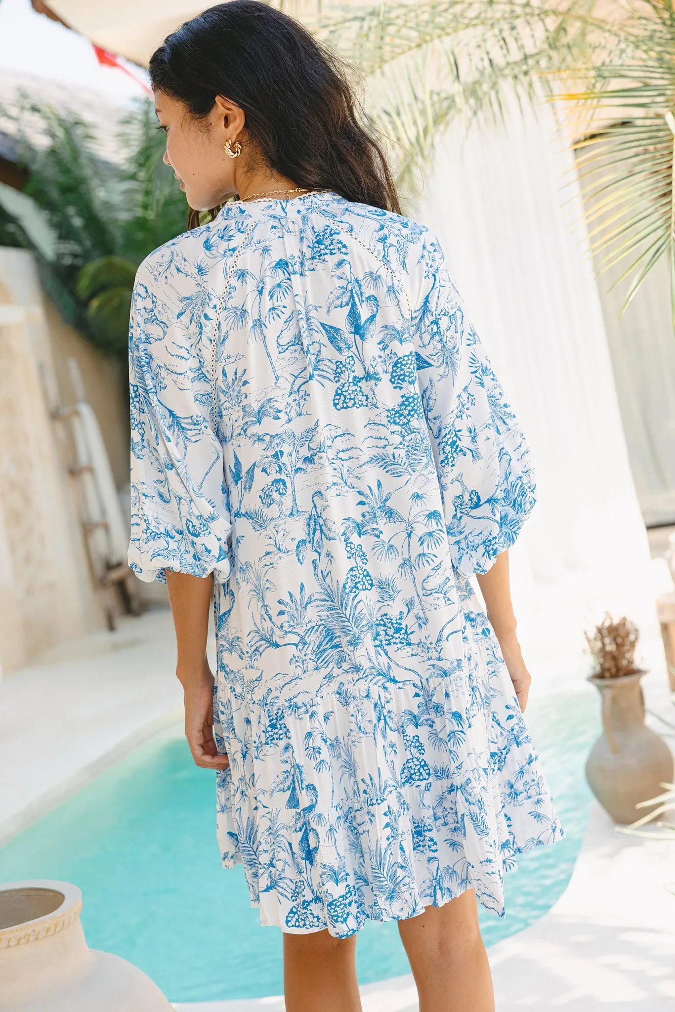 Avalon Blue Tropical Toile Tiered Mini Dress