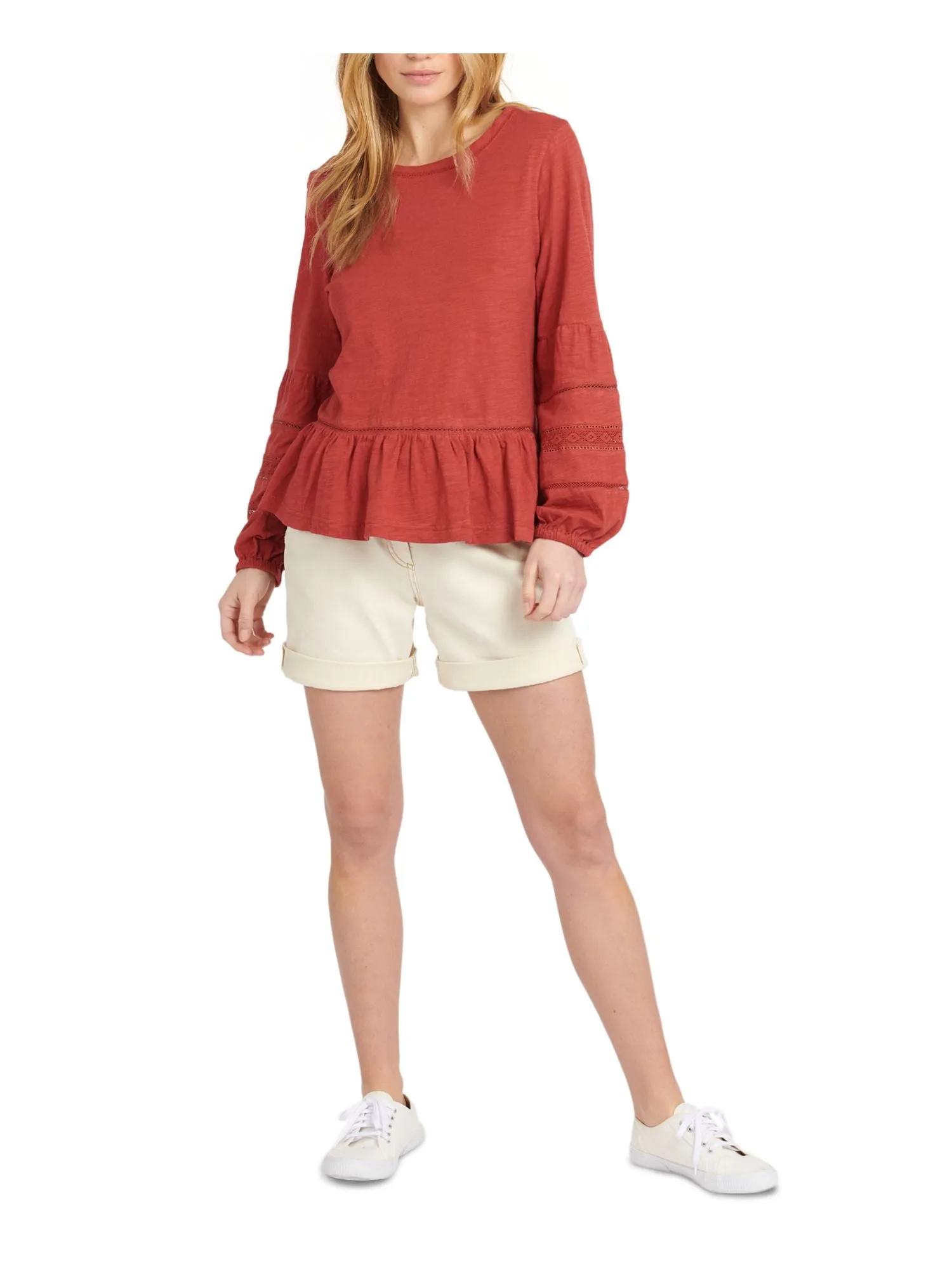BARBOUR Womens Red Jersey Ruffled Eyelet Elastic-cuffs Blouson Sleeve Scoop Neck Top