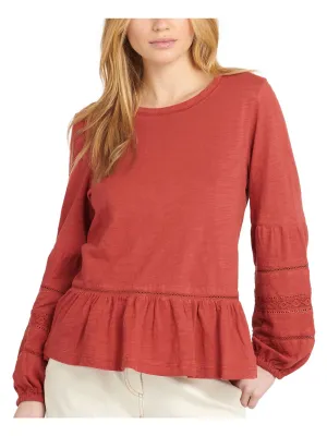 BARBOUR Womens Red Jersey Ruffled Eyelet Elastic-cuffs Blouson Sleeve Scoop Neck Top