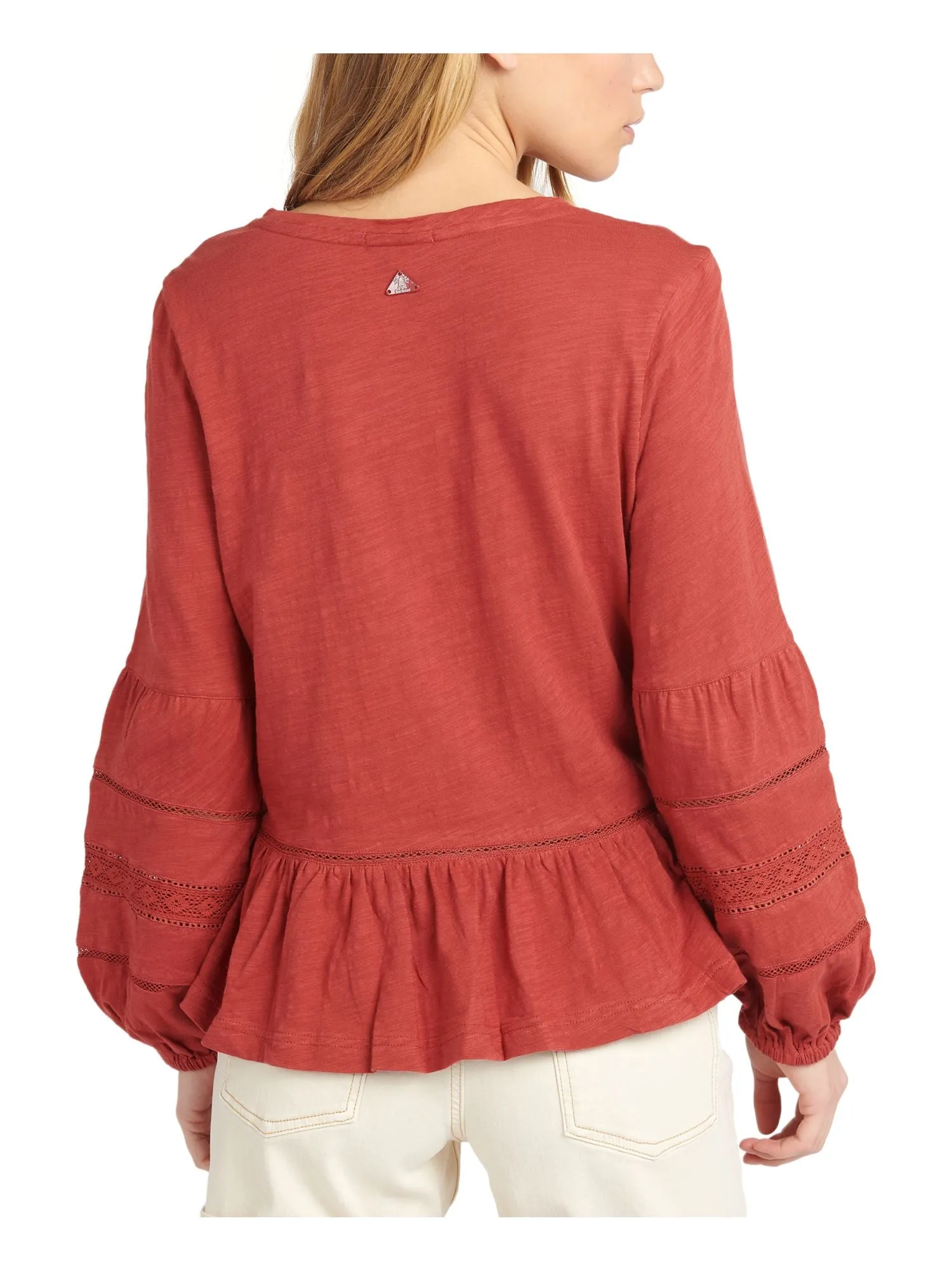 BARBOUR Womens Red Jersey Ruffled Eyelet Elastic-cuffs Blouson Sleeve Scoop Neck Top