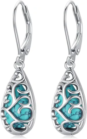 BDL Genuine Turquoise Jewelry for Women, Sterling Silver Earrings and Necklaces for Women, Leverback Dangle Drop Earrings Jewelry