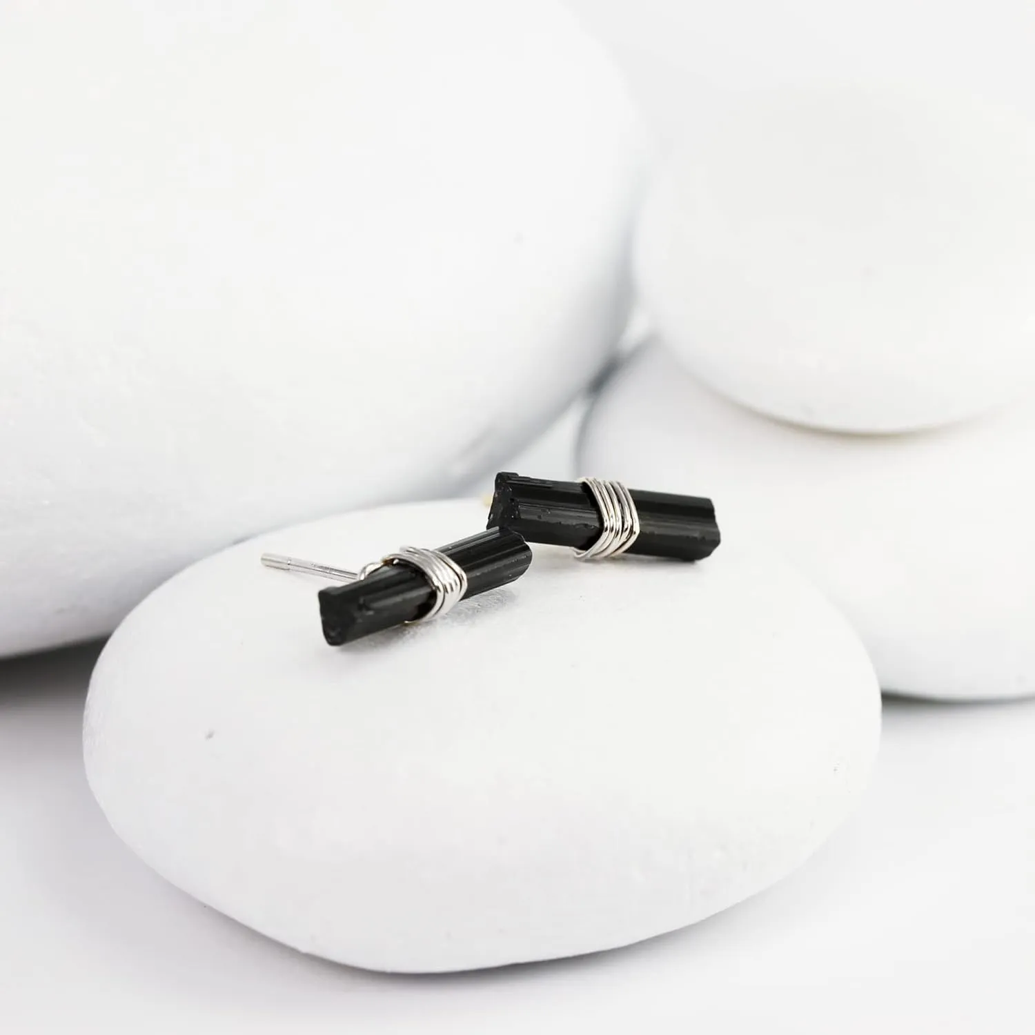 Black Tourmaline T Bar Stud Earrings in Solid Sterling Silver, Handmade Earrings for Women with Sterling Silver Posts and Natural Black Tourmaline Crystals (sterling-silver)