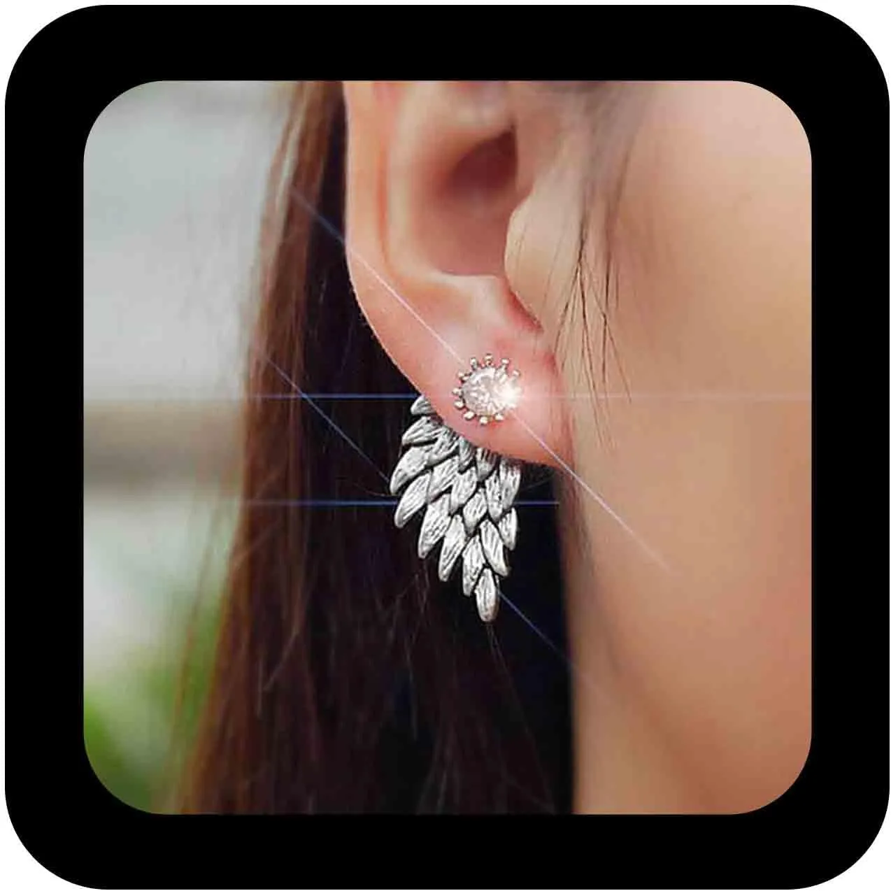 Bohemia Rhinestone Angel Wings Earrings Silver Feather Cz Stud Earrings Crystal Wings Ear Jacket Earrings Jewelry for Women
