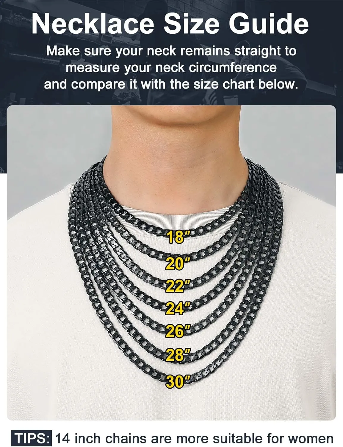 ChainsPro Cuban Chain Necklace for Men, Silver/Black/Gold Plated Stainless Steel Cuban Link Chains Mens 4/6/9/13 MM Width,14"-30" Length Hip Hop Accessories Jewelry Gifts for Father's Day Christmas