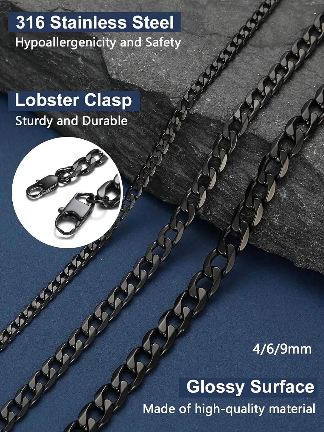 ChainsPro Cuban Chain Necklace for Men, Silver/Black/Gold Plated Stainless Steel Cuban Link Chains Mens 4/6/9/13 MM Width,14"-30" Length Hip Hop Accessories Jewelry Gifts for Father's Day Christmas