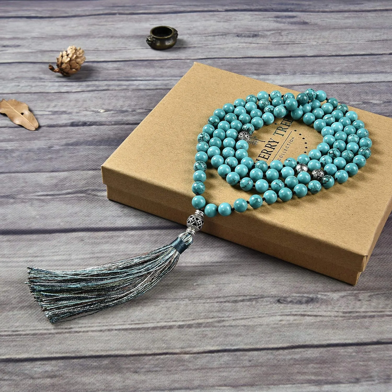 Cherry Tree Collection Mala Necklace | 108 Hand-Knotted 8mm Gemstone Round Beads, Antiqued Guru and Counter Beads, and Tassel | Meditation, Buddhist Prayer, Healing