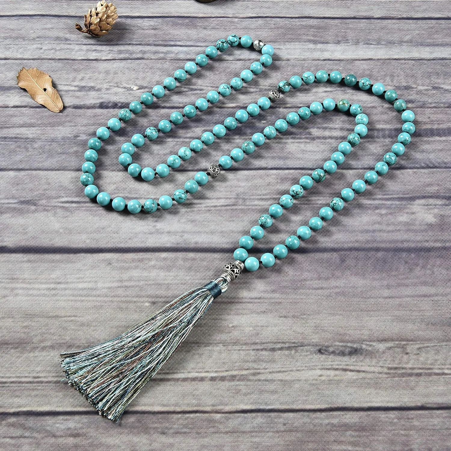 Cherry Tree Collection Mala Necklace | 108 Hand-Knotted 8mm Gemstone Round Beads, Antiqued Guru and Counter Beads, and Tassel | Meditation, Buddhist Prayer, Healing