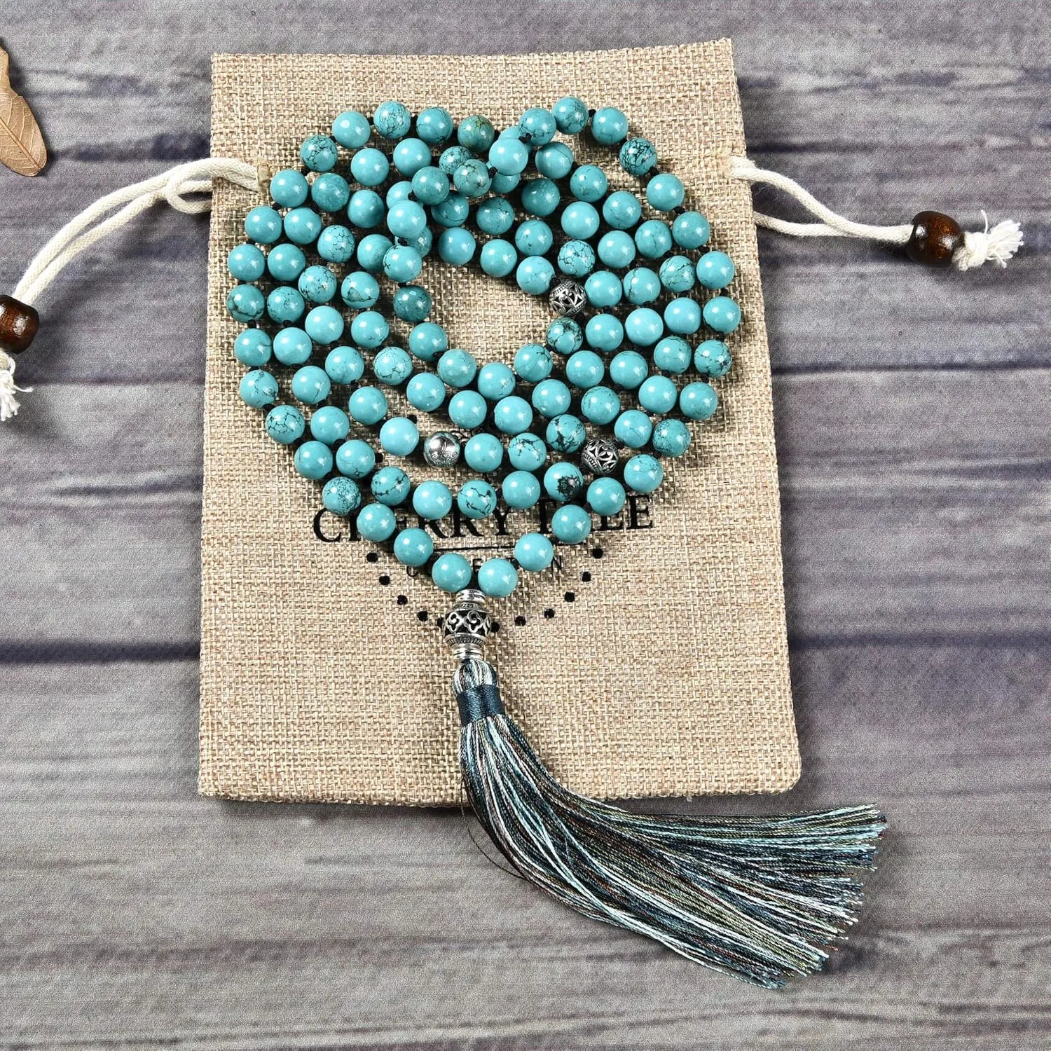 Cherry Tree Collection Mala Necklace | 108 Hand-Knotted 8mm Gemstone Round Beads, Antiqued Guru and Counter Beads, and Tassel | Meditation, Buddhist Prayer, Healing