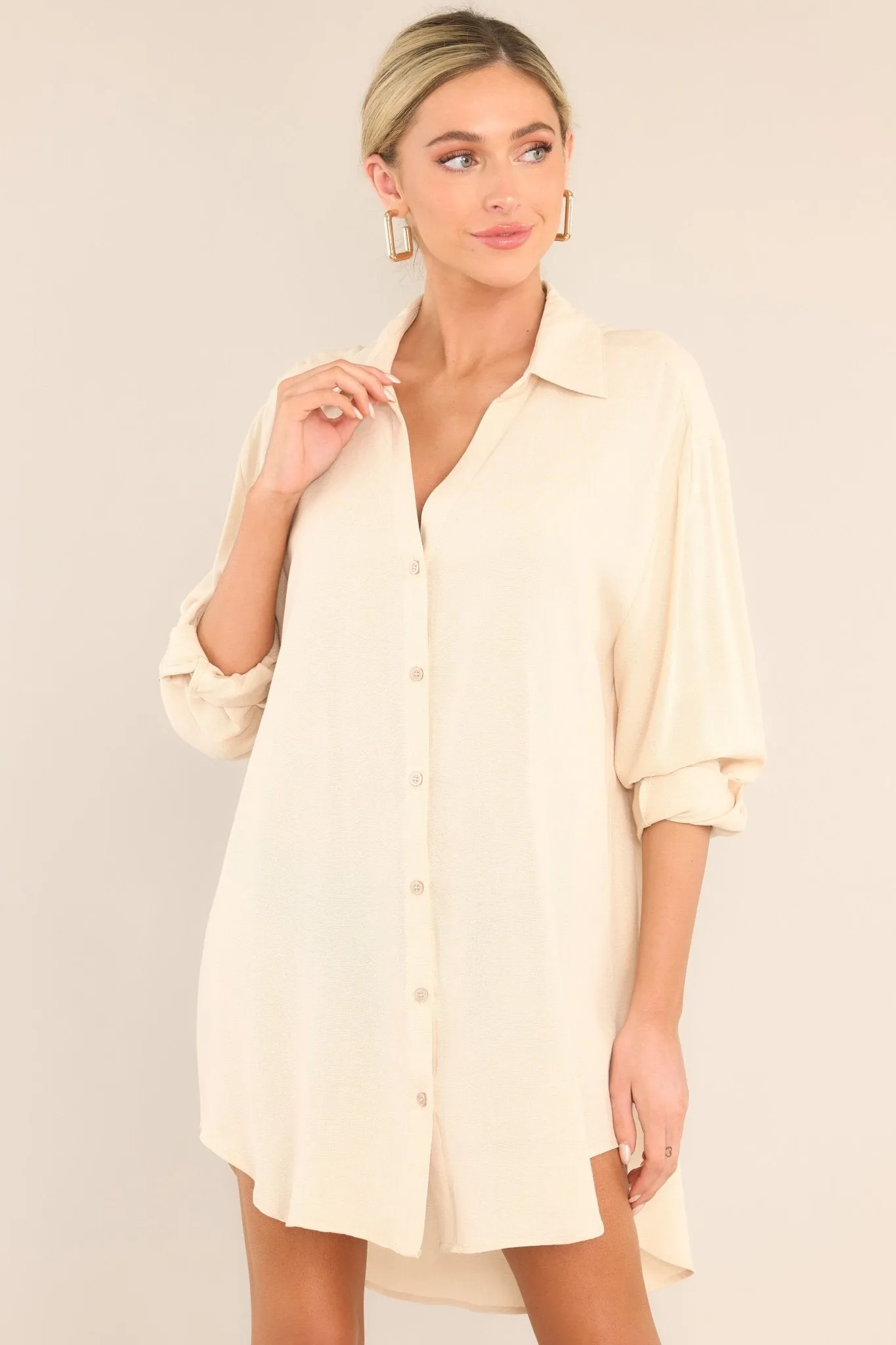 Chic Alternative Beige Button Front Shirt Dress