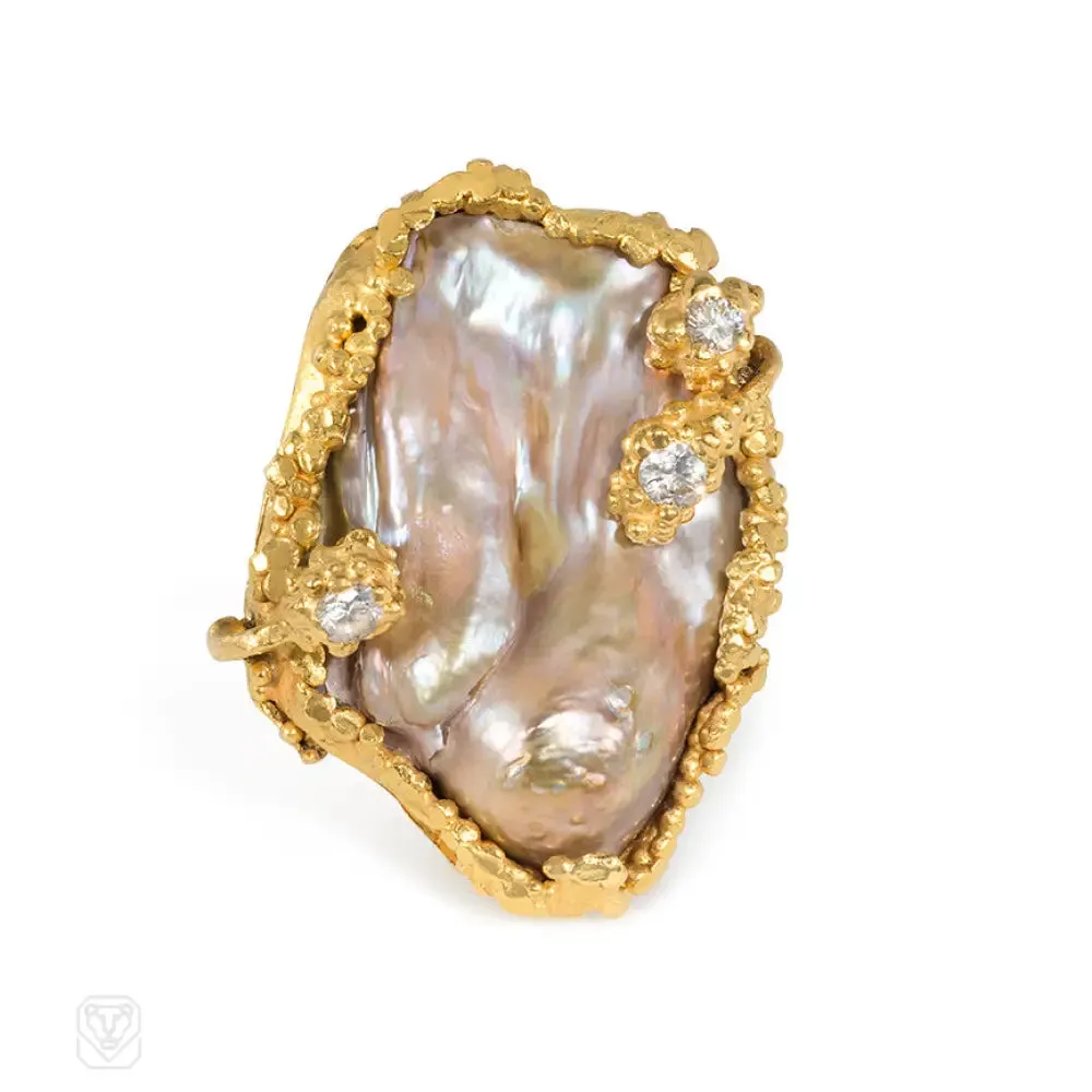 Chunky handmade gold and keshi pearl ring