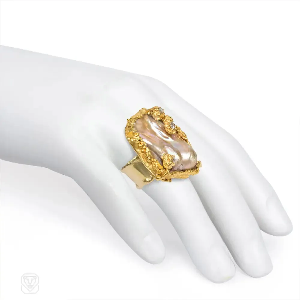 Chunky handmade gold and keshi pearl ring