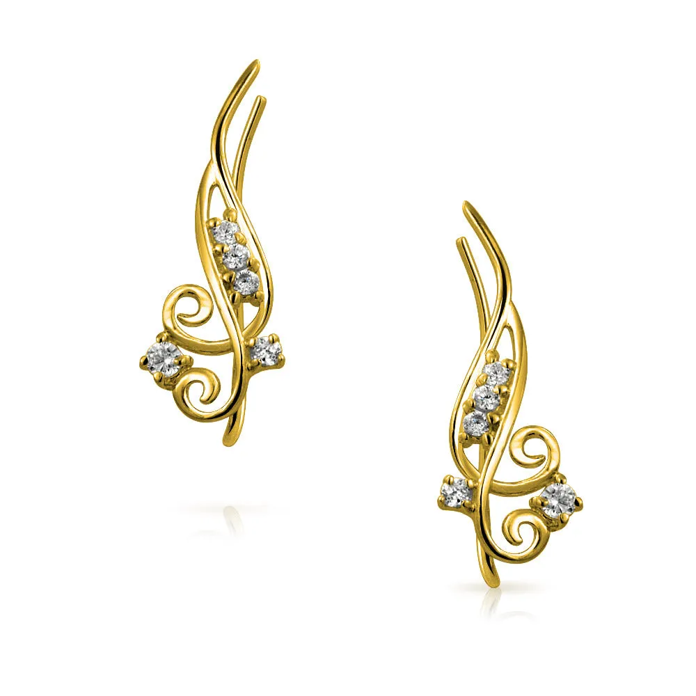 CZ Wire Ear Pin Crawlers Earrings 14K Gold Plated 925 Sterling Silver