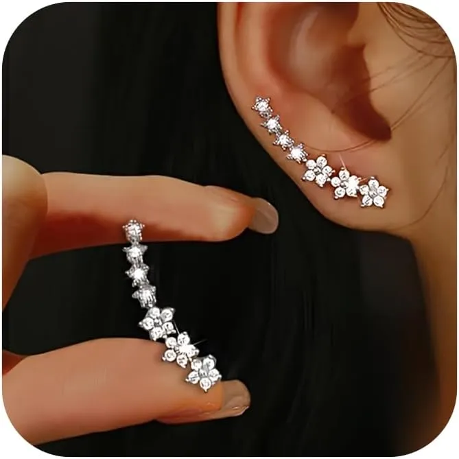 Dainty Cz Flowers Ear Climbers Stud Earrings for Women 925 Sterling Silver Small Trend Flower Cuff Crawler Earrings for Bride 14K Gold Plated White Cubic Zirconia Stud Earrings Wedding Jewelry Graduation Gift