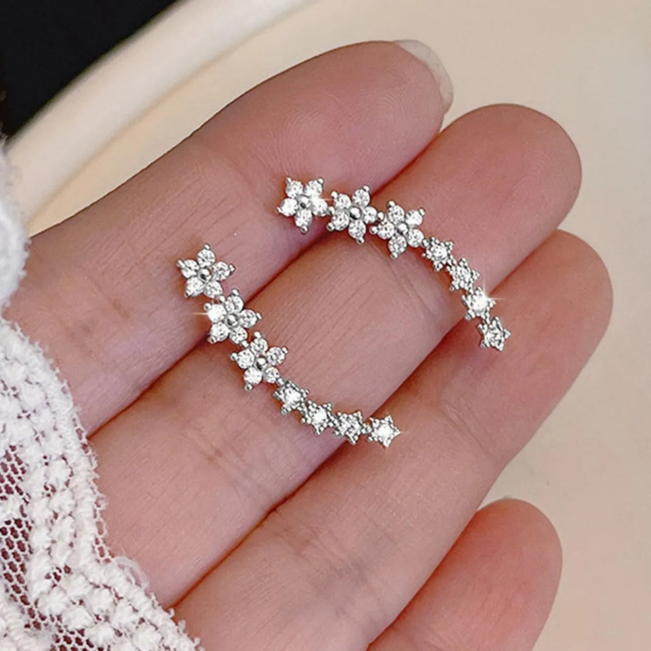 Dainty Cz Flowers Ear Climbers Stud Earrings for Women 925 Sterling Silver Small Trend Flower Cuff Crawler Earrings for Bride 14K Gold Plated White Cubic Zirconia Stud Earrings Wedding Jewelry Graduation Gift