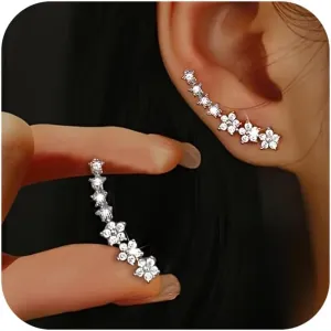Dainty Cz Flowers Ear Climbers Stud Earrings for Women 925 Sterling Silver Small Trend Flower Cuff Crawler Earrings for Bride 14K Gold Plated White Cubic Zirconia Stud Earrings Wedding Jewelry Graduation Gift