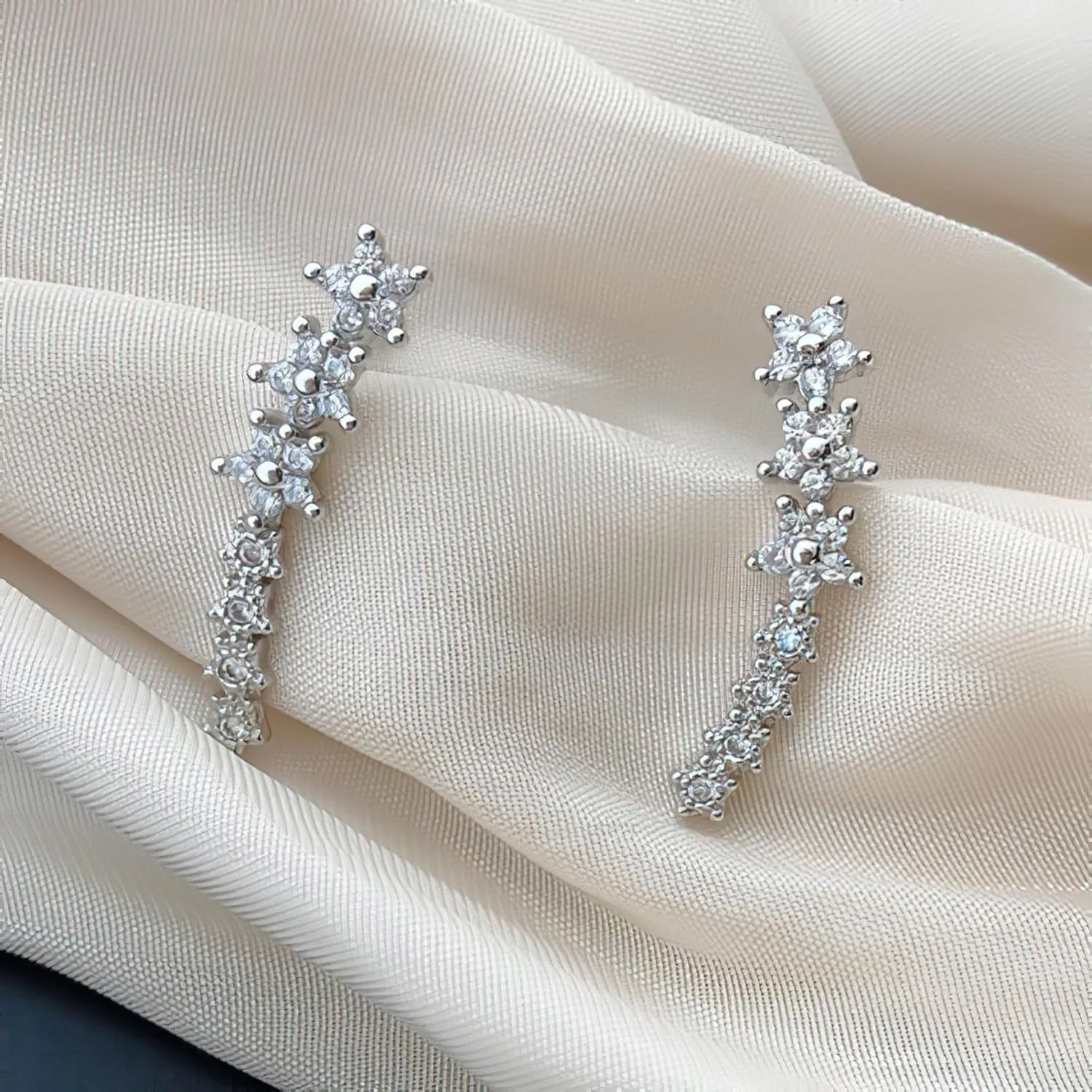 Dainty Cz Flowers Ear Climbers Stud Earrings for Women 925 Sterling Silver Small Trend Flower Cuff Crawler Earrings for Bride 14K Gold Plated White Cubic Zirconia Stud Earrings Wedding Jewelry Graduation Gift