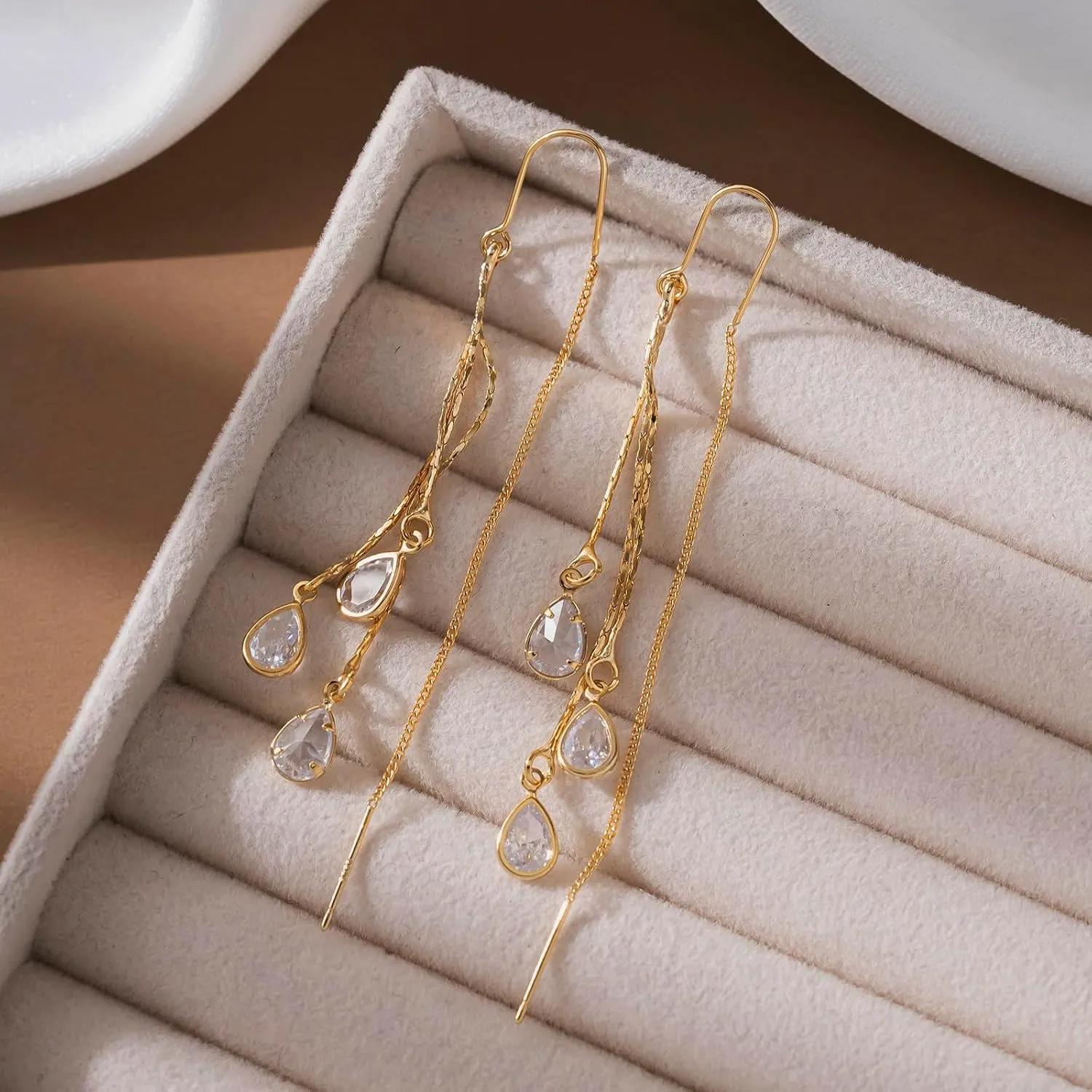 Dangle Chain Earrings for Women Dainty Long Hanging Gold Chain Trendy Hypoallergenic Dangling CZ Threader Earrings Line Dangly Jewelry Gift for Women Jewelry